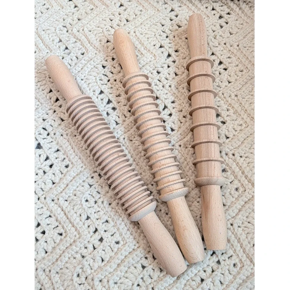 Set of 3 Wooden Textured Rolling Pins Pasta Gnocchi Garganelli Dough Tools 12.5